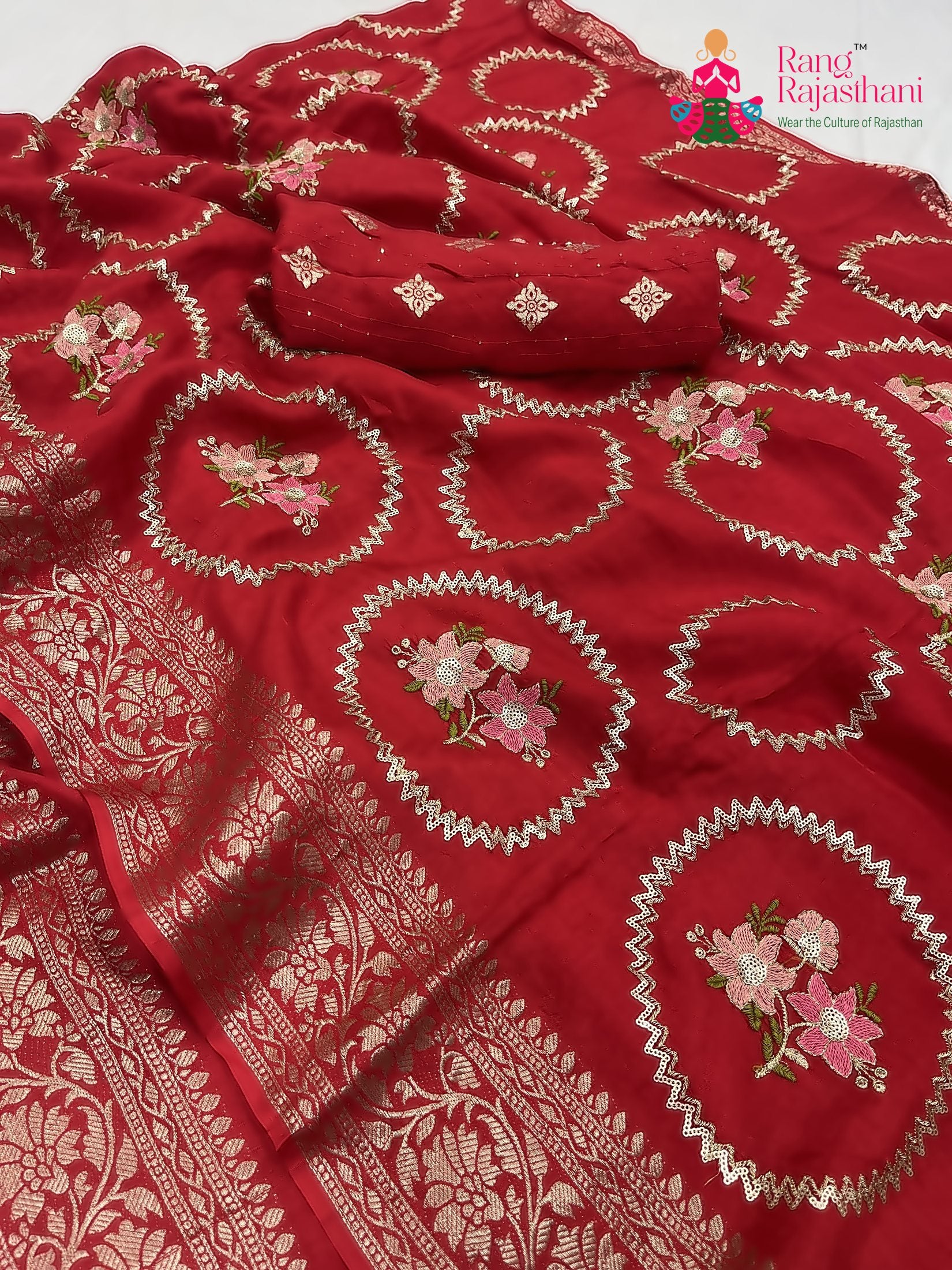 red pure Russian silk sequin saree for karwa chauth by Rang Rajasthani