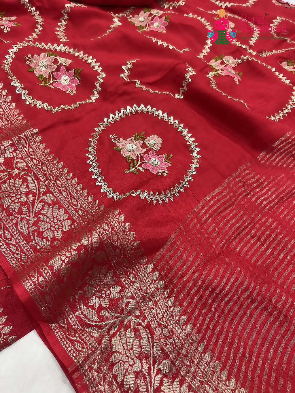 complete look of red pure Russian silk sequin saree 