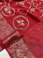 complete look of red pure Russian silk sequin saree 