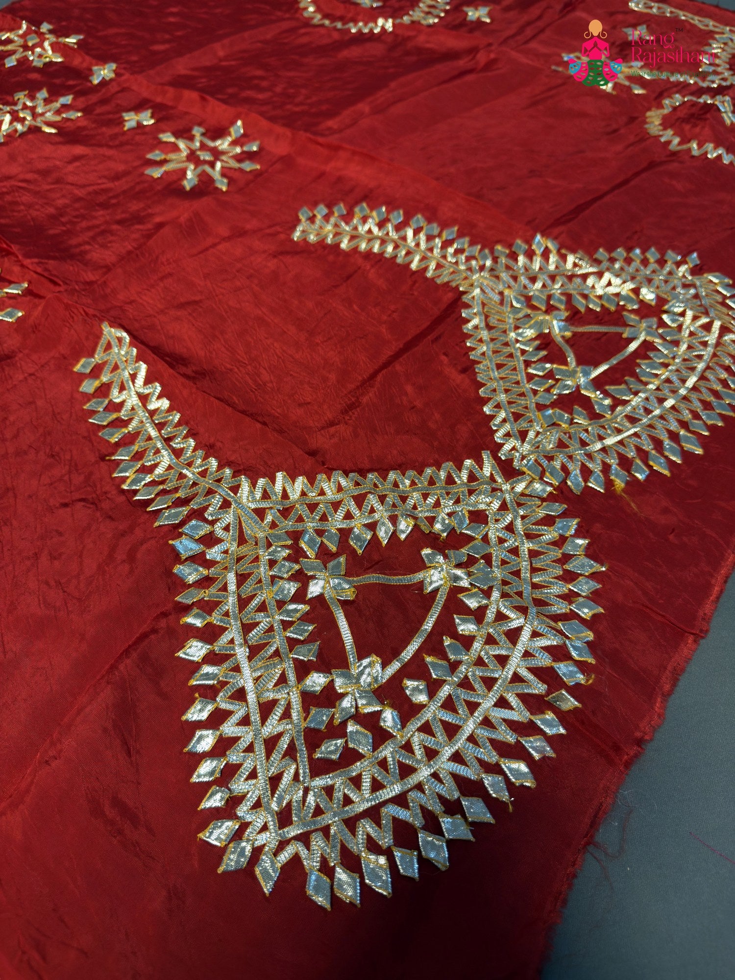 pallu detailing of red pure upada silk gota patti blouse 3803