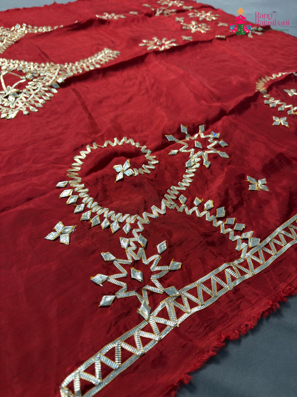 close up detailing of red pure upada silk gota patti blouse 3803