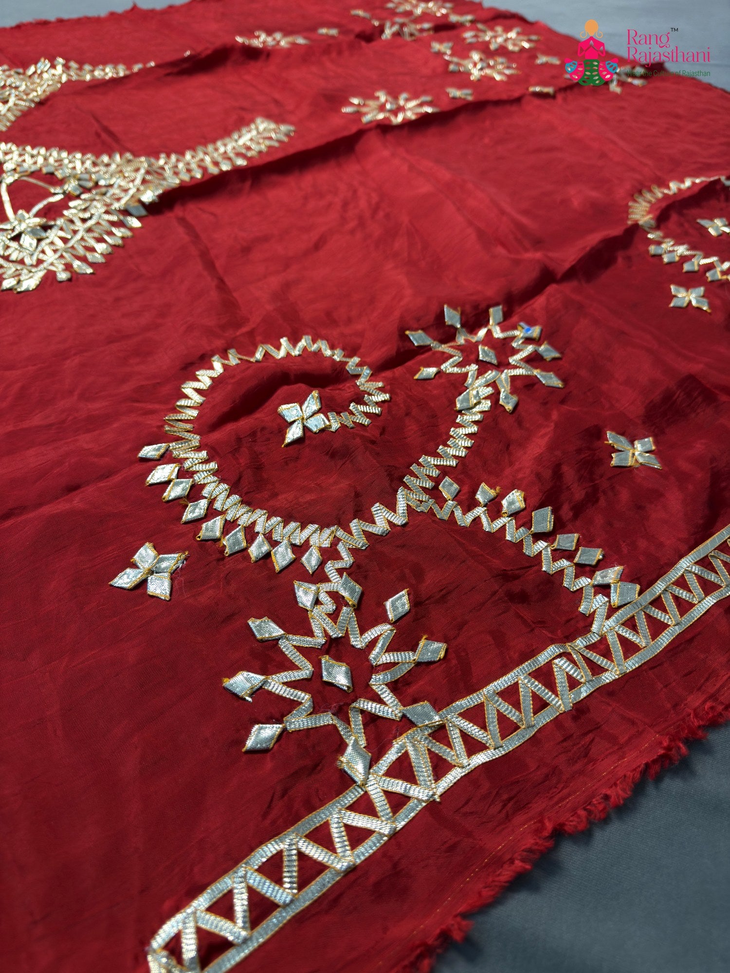 close up detailing of red pure upada silk gota patti blouse 3803