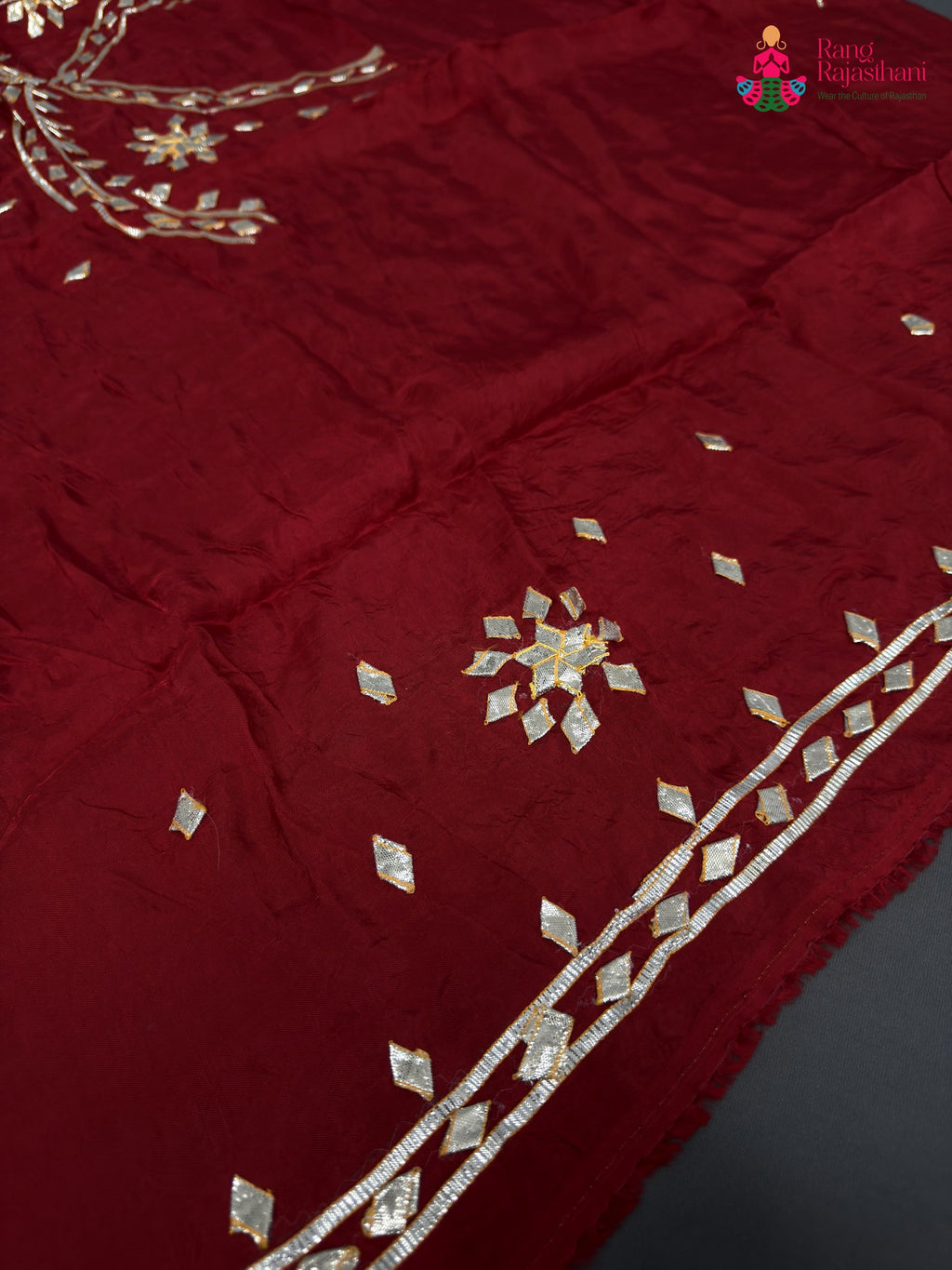 close up detailing of red pure upada silk gota patti blouse 3809