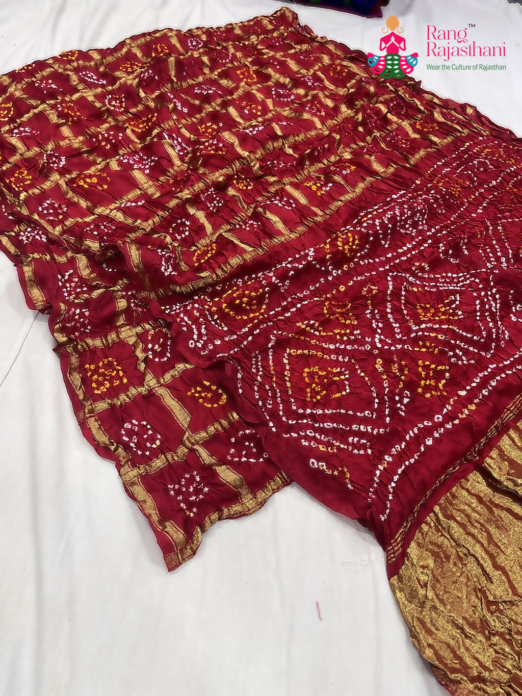 complete look of red russian silk bandhani gharchola saree 