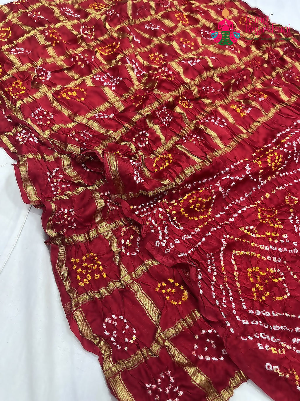 red russian silk bandhani gharchola saree for mayra ceremony by Rang Rajasthani