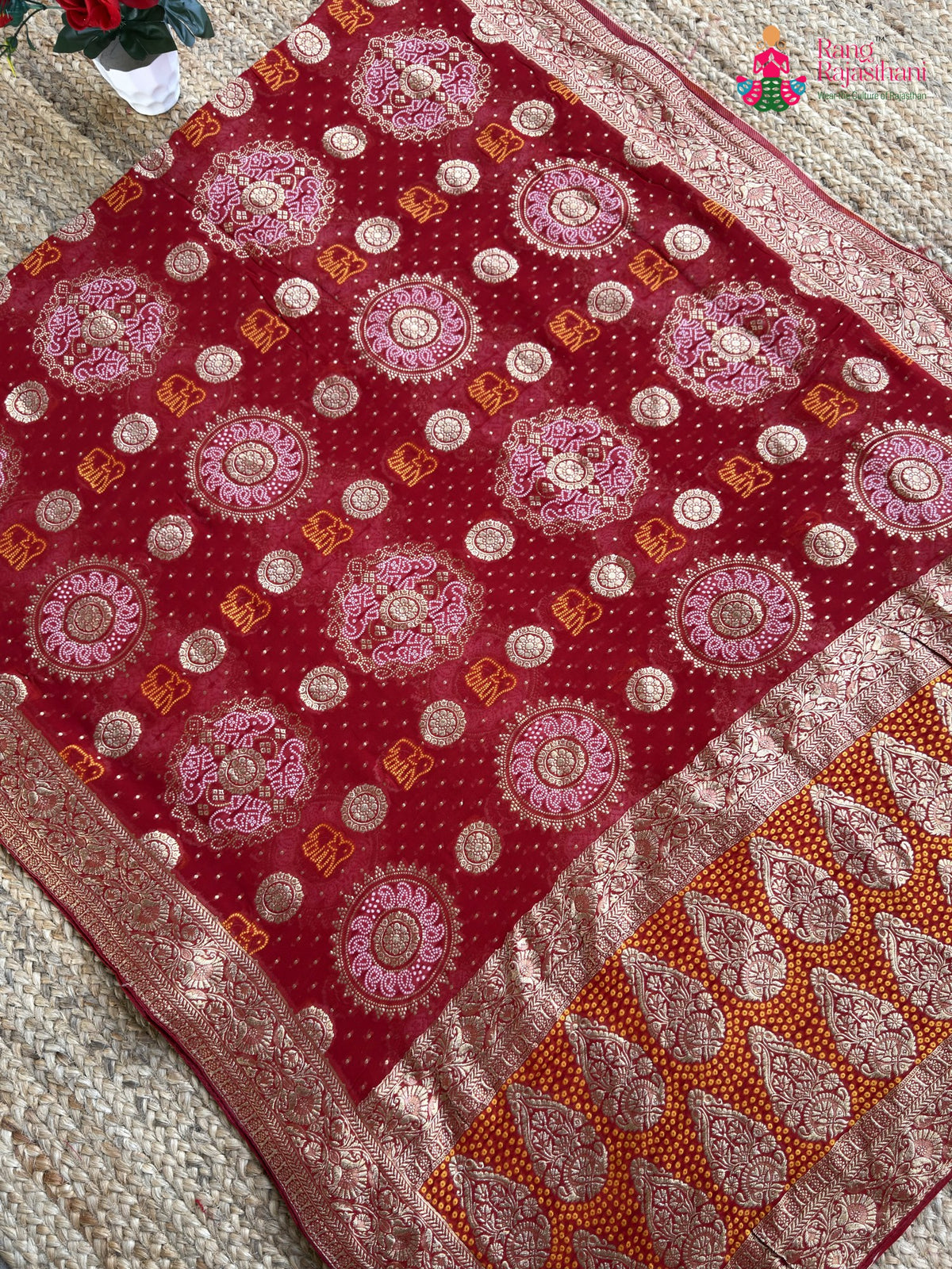 red soft georgette banarasi zari weave gharchola saree ethnic wear by Rang Rajasthani