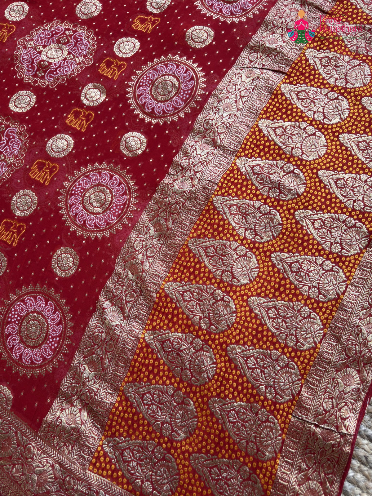 border detail of red soft georgette banarasi zari weave gharchola saree
