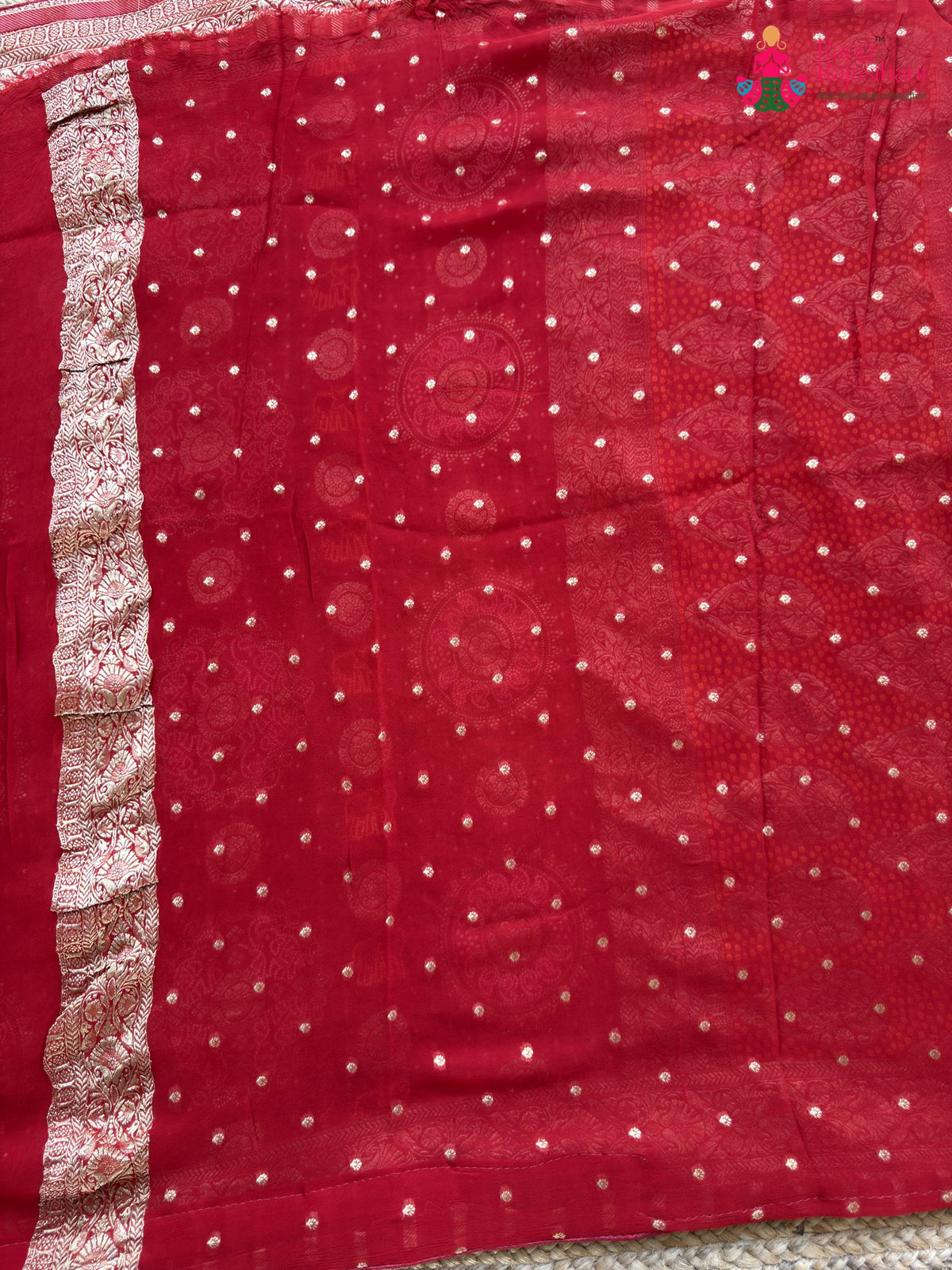 design pattern of red soft georgette banarasi zari weave gharchola saree