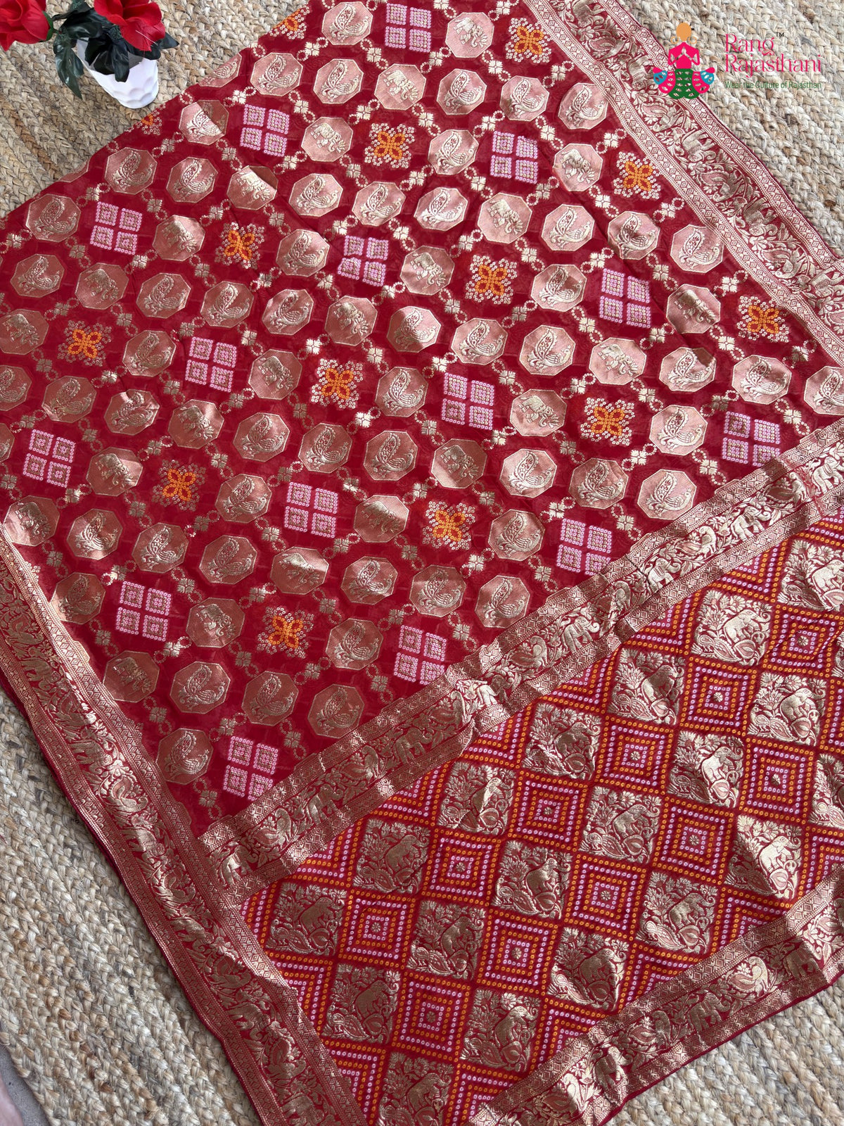 red soft georgette banarasi zari weave gharchola saree ethnic wear by Rang Rajasthani