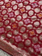 design pattern of red soft georgette banarasi zari weave gharchola saree