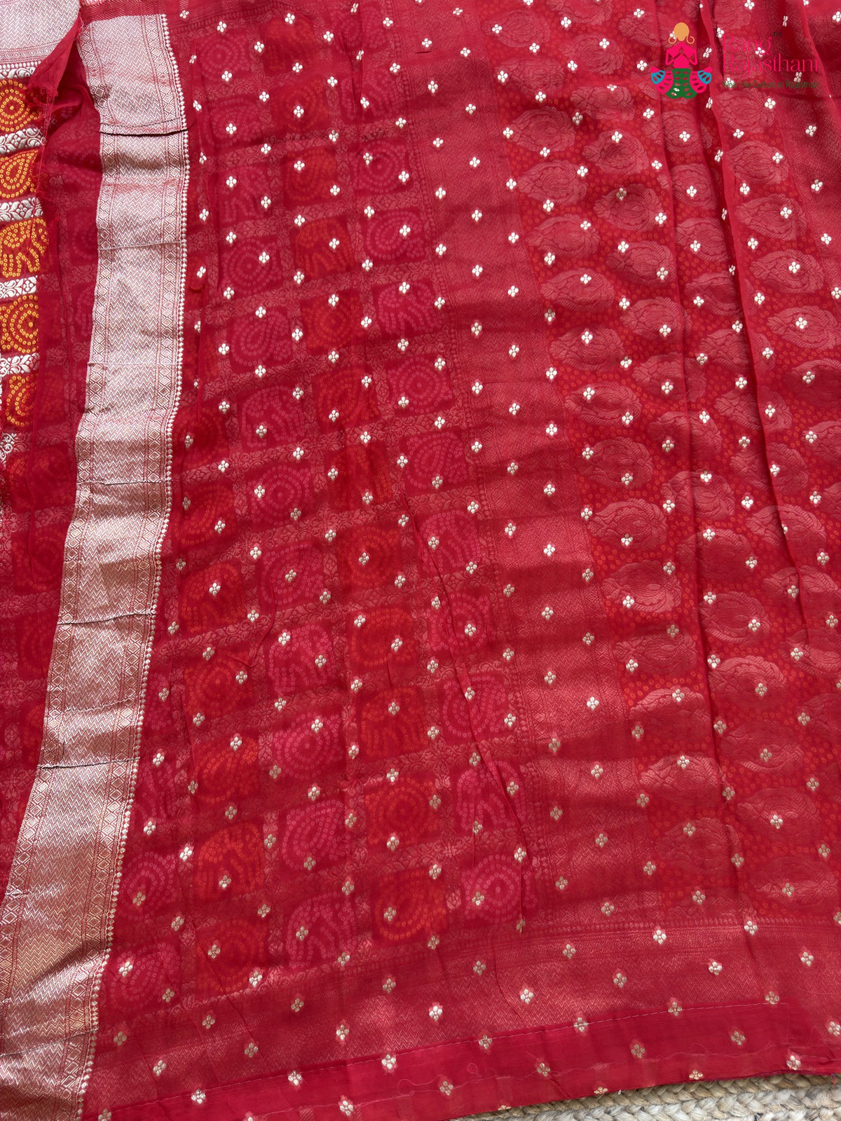 design pattern of red soft georgette banarasi zari weave gharchola saree