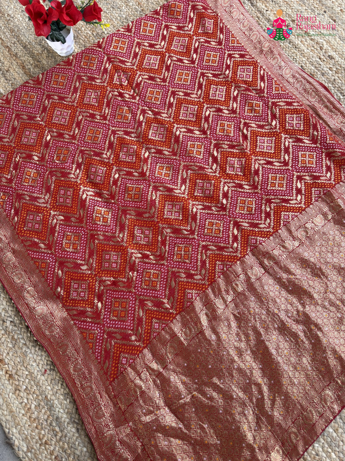 red soft georgette banarasi zari weave gharchola saree ethnic wear by Rang Rajasthani