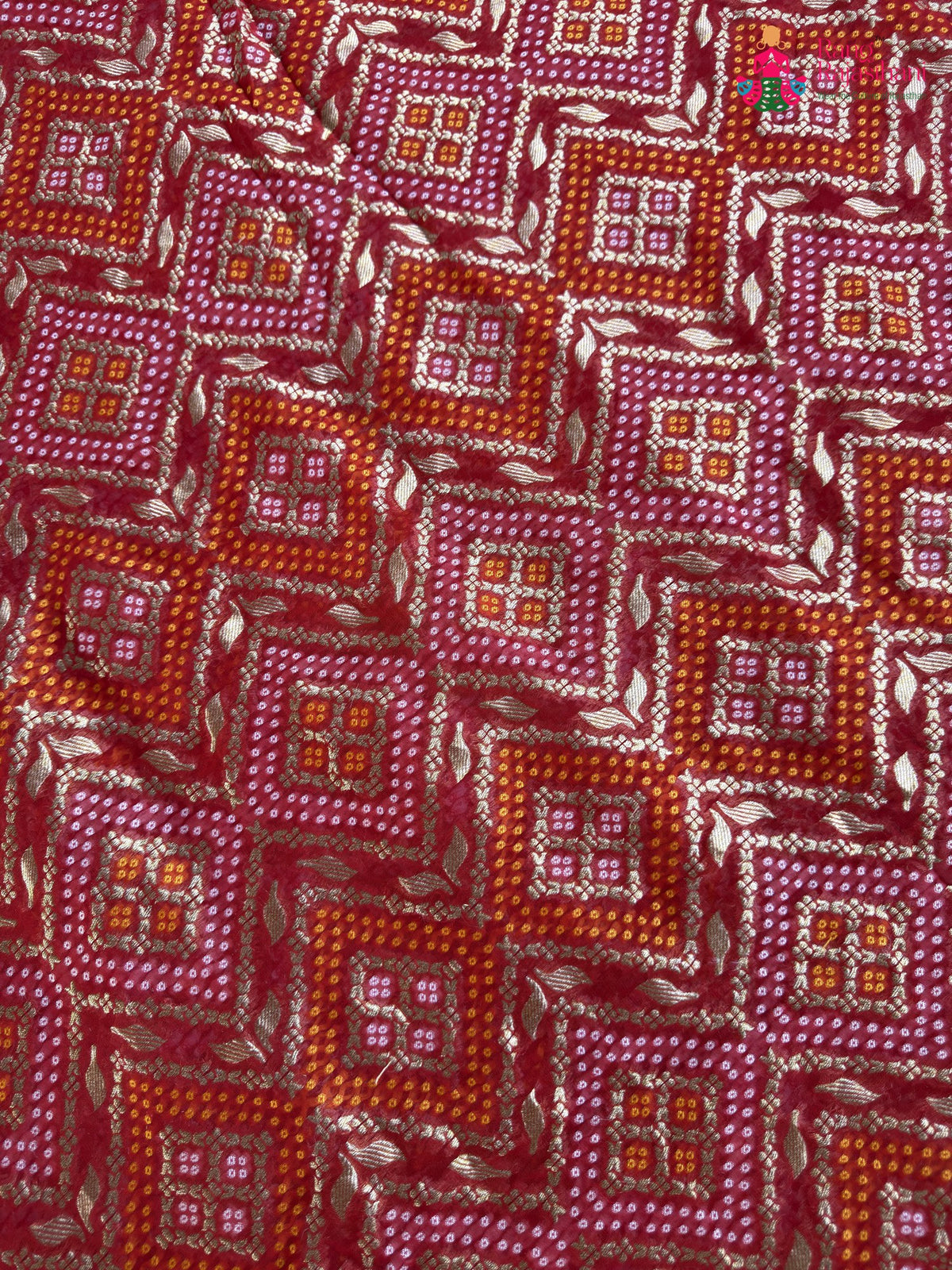 pallu detailing of red soft georgette banarasi zari weave gharchola saree