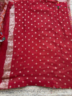 design pattern of red soft georgette banarasi zari weave gharchola saree