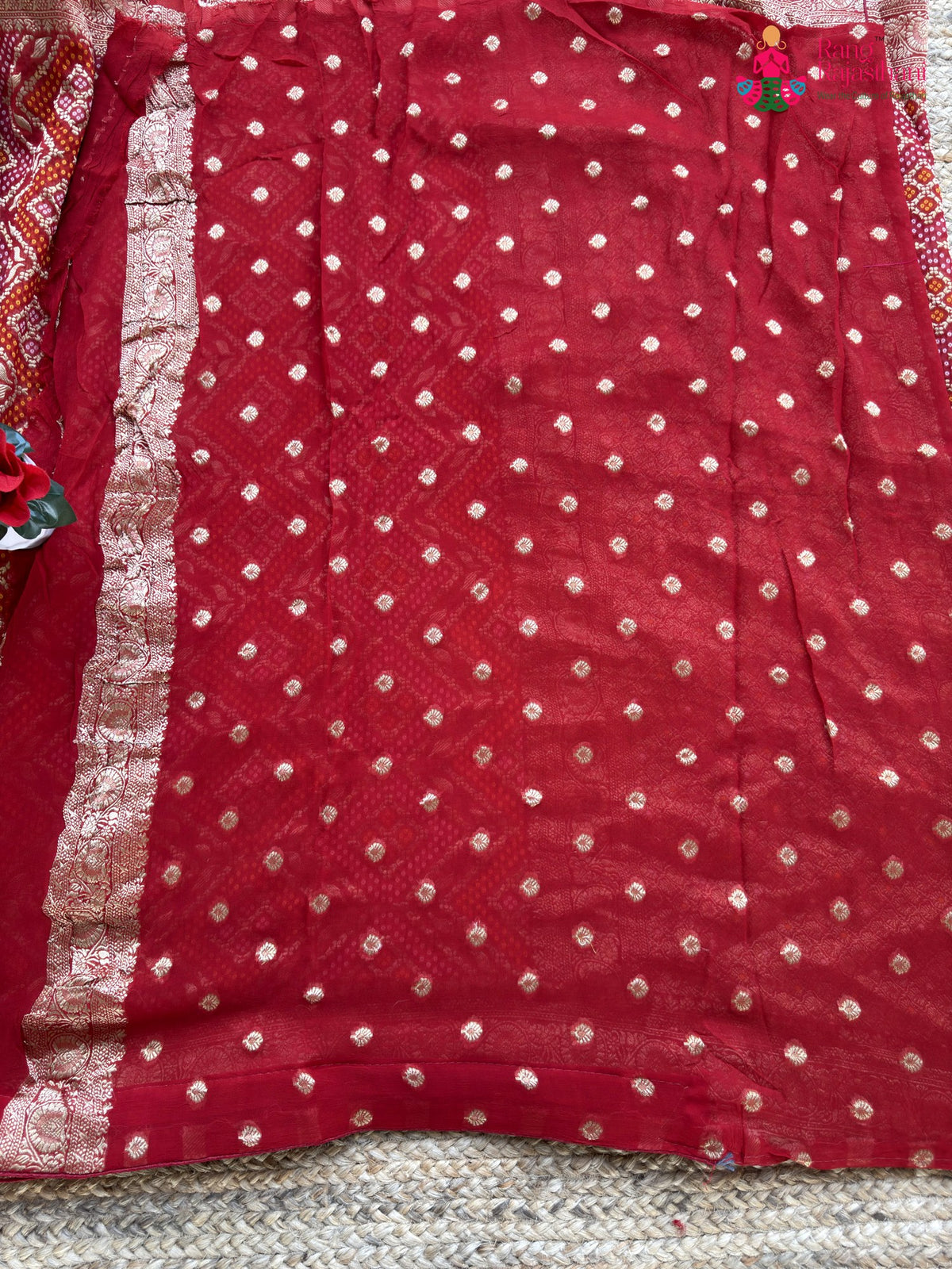 design pattern of red soft georgette banarasi zari weave gharchola saree