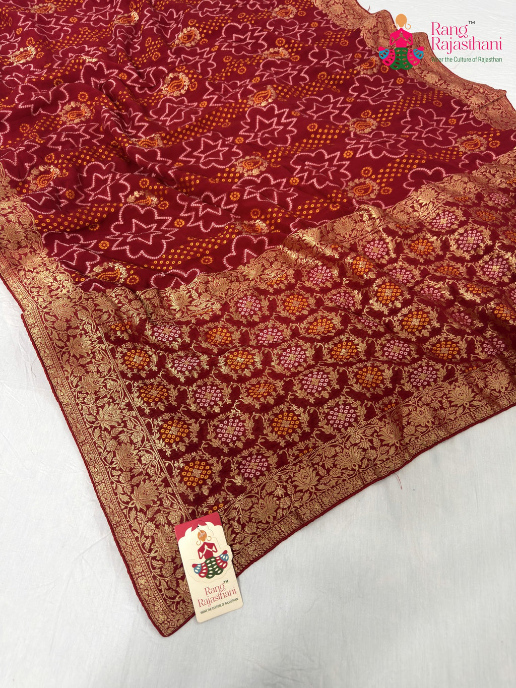 red soft georgette bandhani saree for bridal wear by Rang Rajasthani