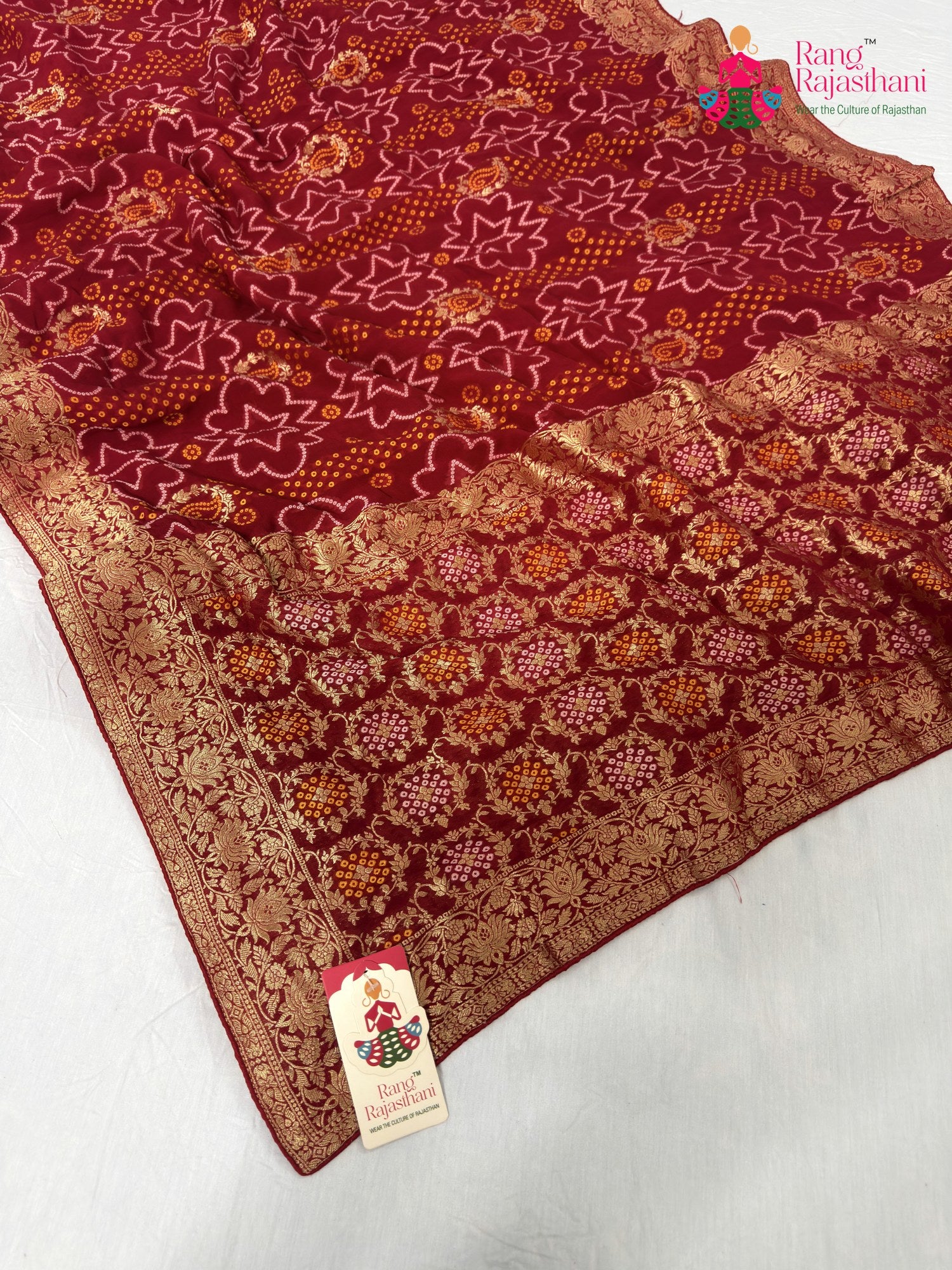 red soft georgette bandhani saree for bridal wear by Rang Rajasthani