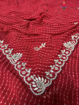 Red Soft Georgette Gota Patti Leheriya Saree for Festive Celebration | Party Pick