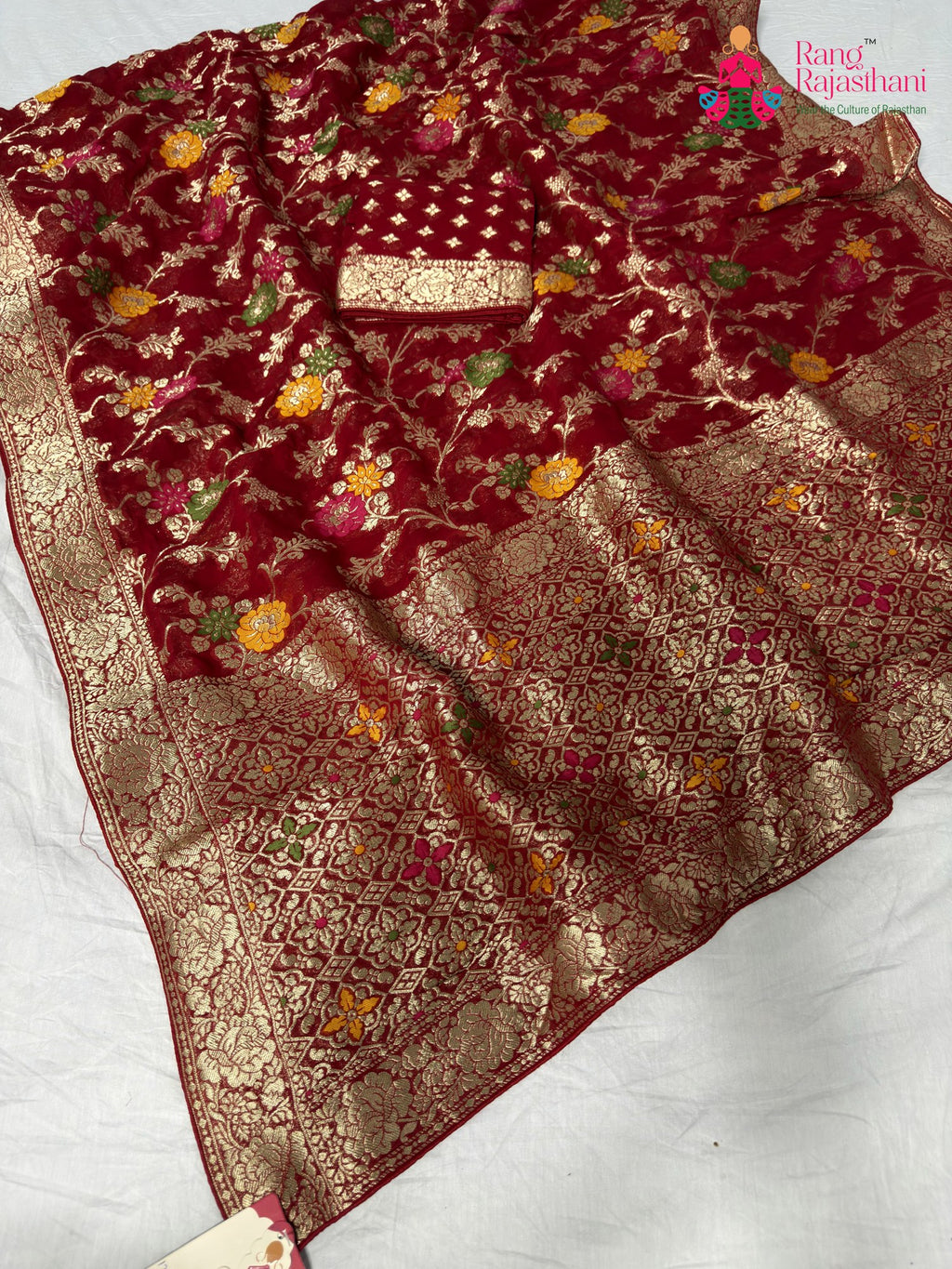 red soft georgette meenakari zari saree for sangeet night by Rang Rajasthani