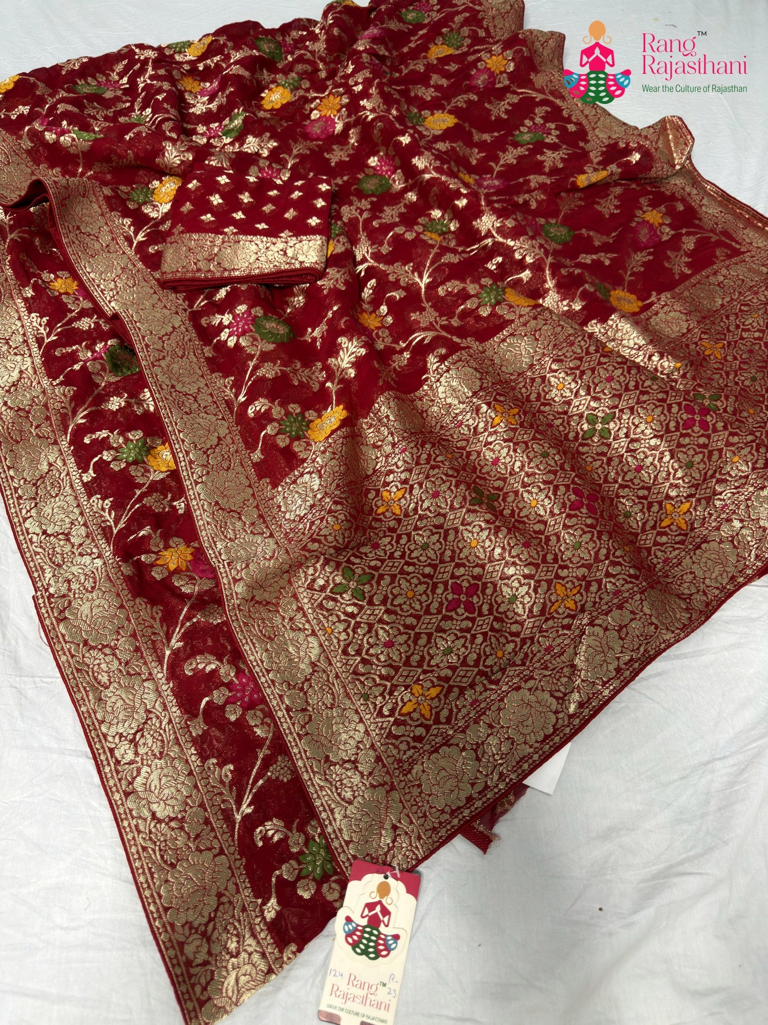 complete look of red soft georgette meenakari zari saree