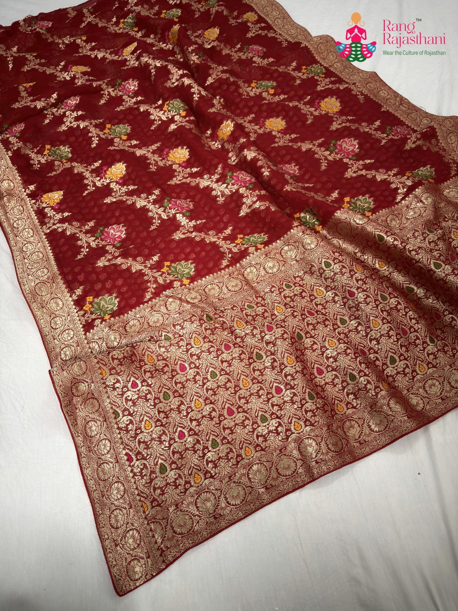 red soft georgette meenakari zari saree for wedding reception by Rang Rajasthani
