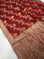 pallu detailing of red soft georgette meenakari zari saree