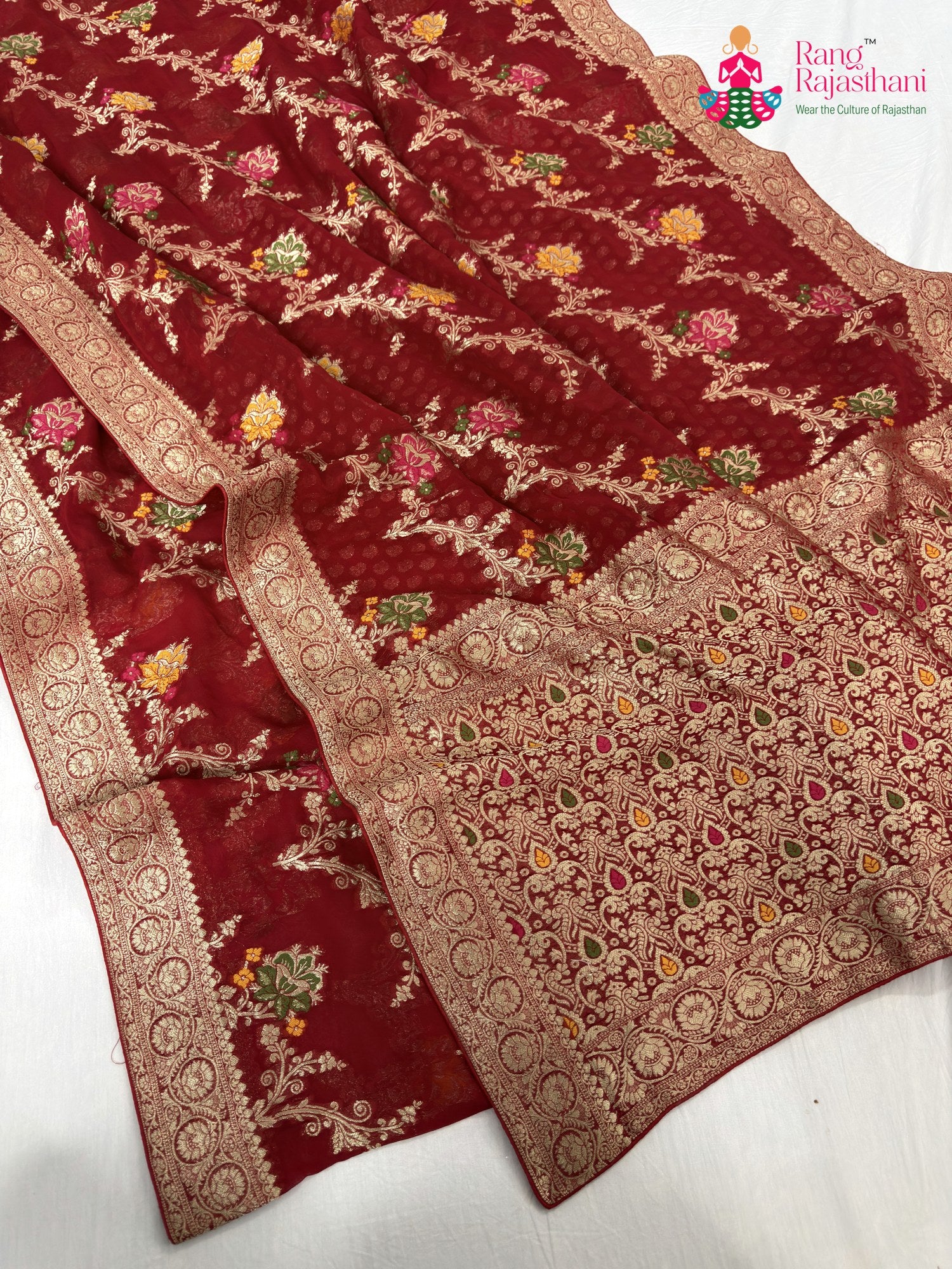 complete look of red soft georgette meenakari zari saree