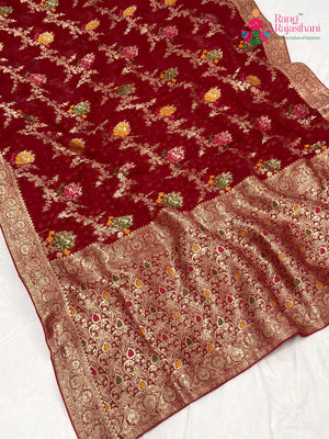 Red Soft Georgette Meenakari Zari Saree for Wedding Reception | Wedding Wear