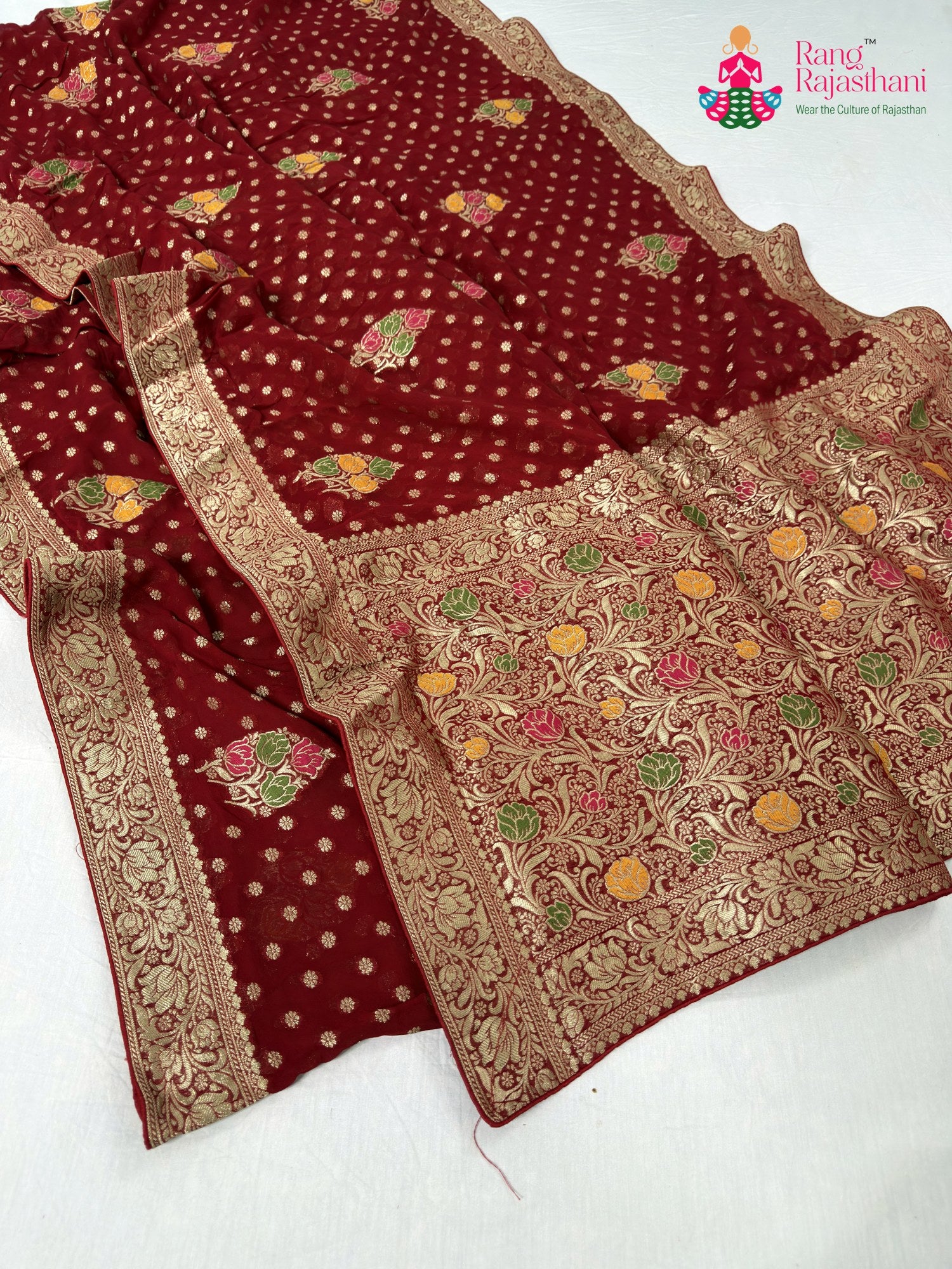 complete look of red soft georgette meenakari zari saree