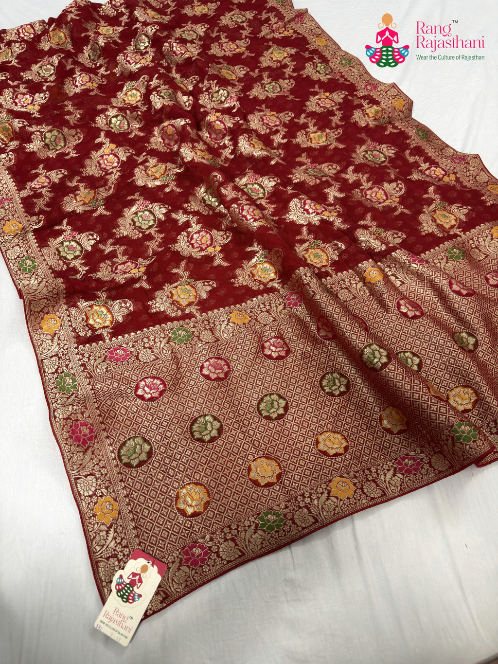 red soft georgette meenakari zari saree for karwa chauth by Rang Rajasthani