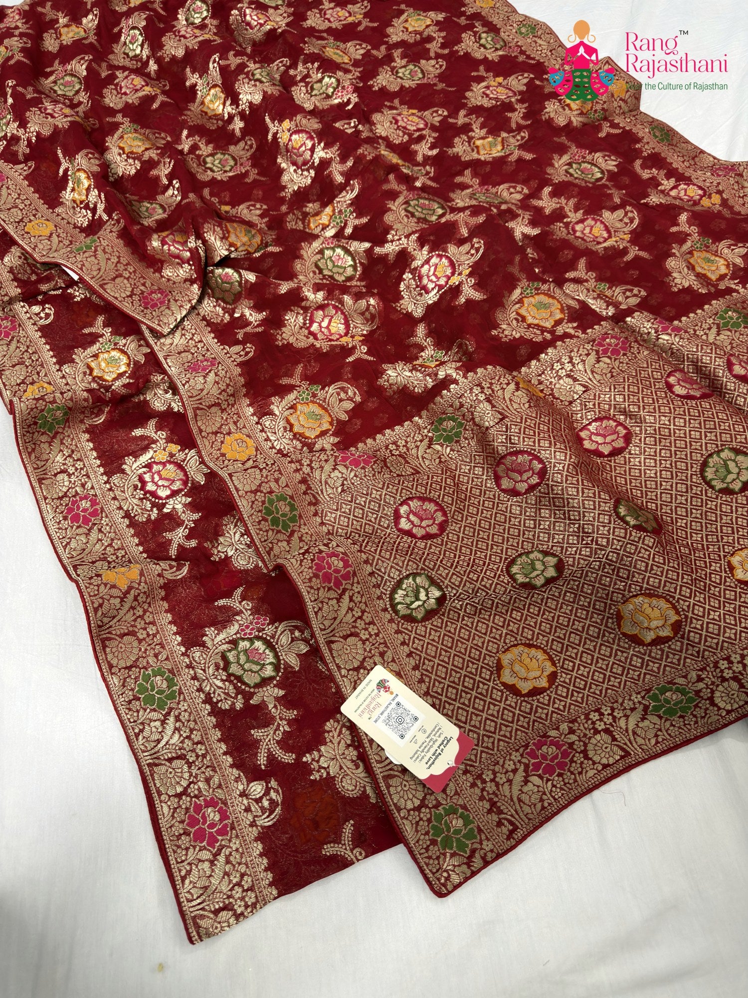 complete look of red soft georgette meenakari zari saree
