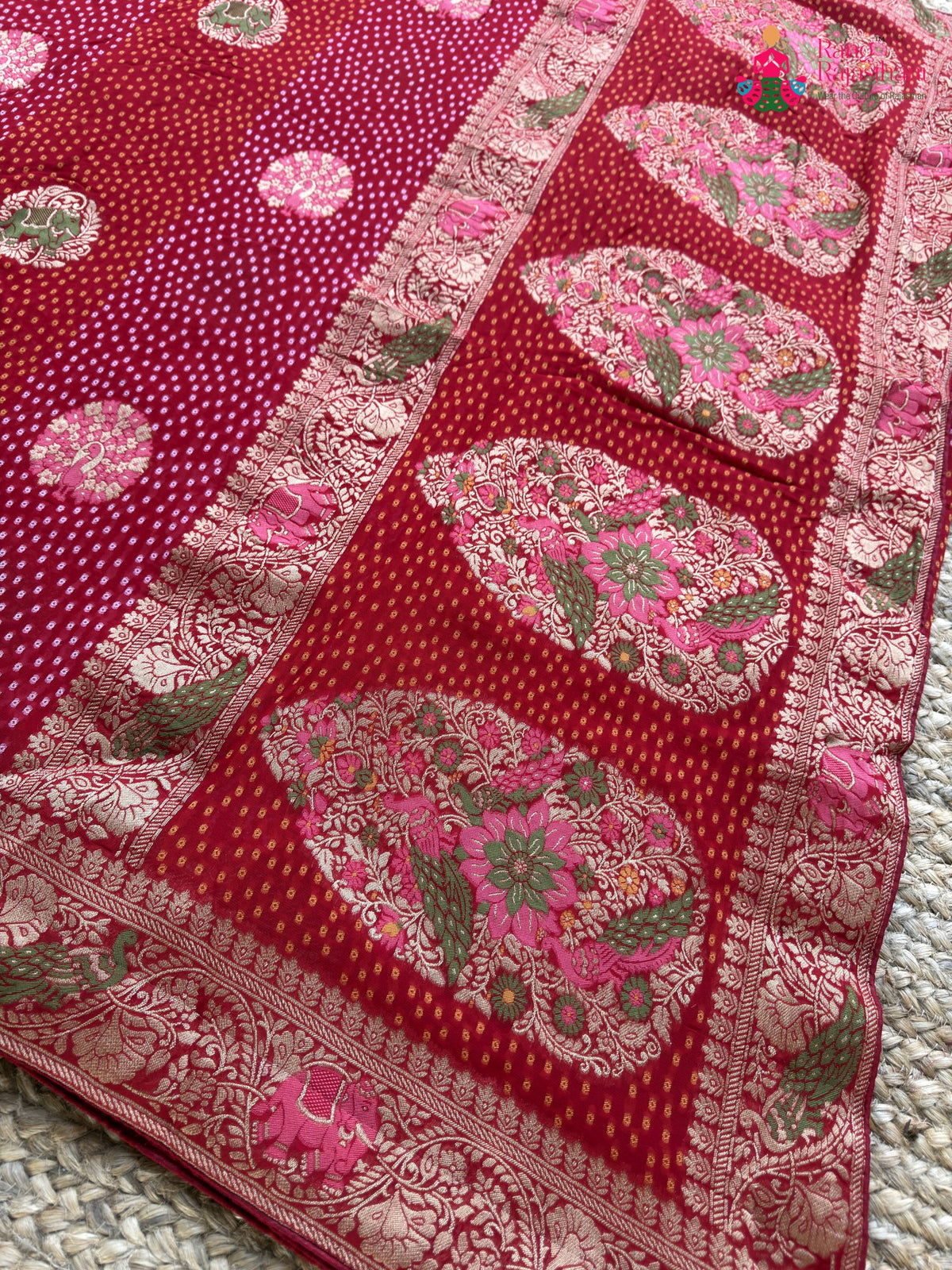 design pattern of red soft georgette meenakari zari saree