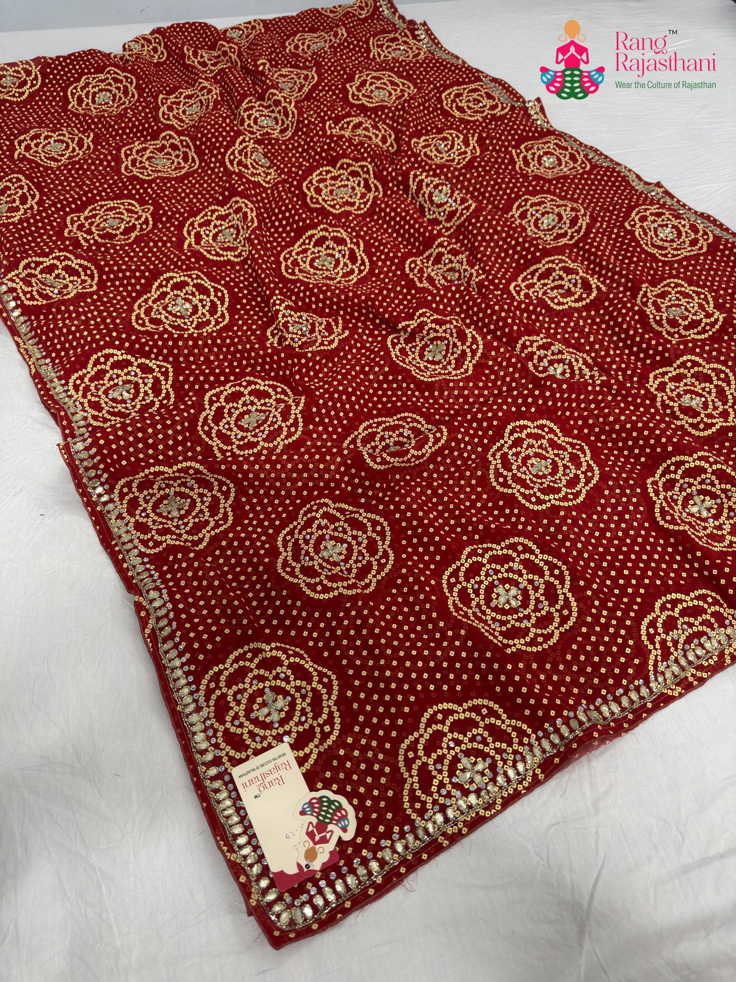 red synthetic bandhani saree for mayra ceremony by Rang Rajasthani