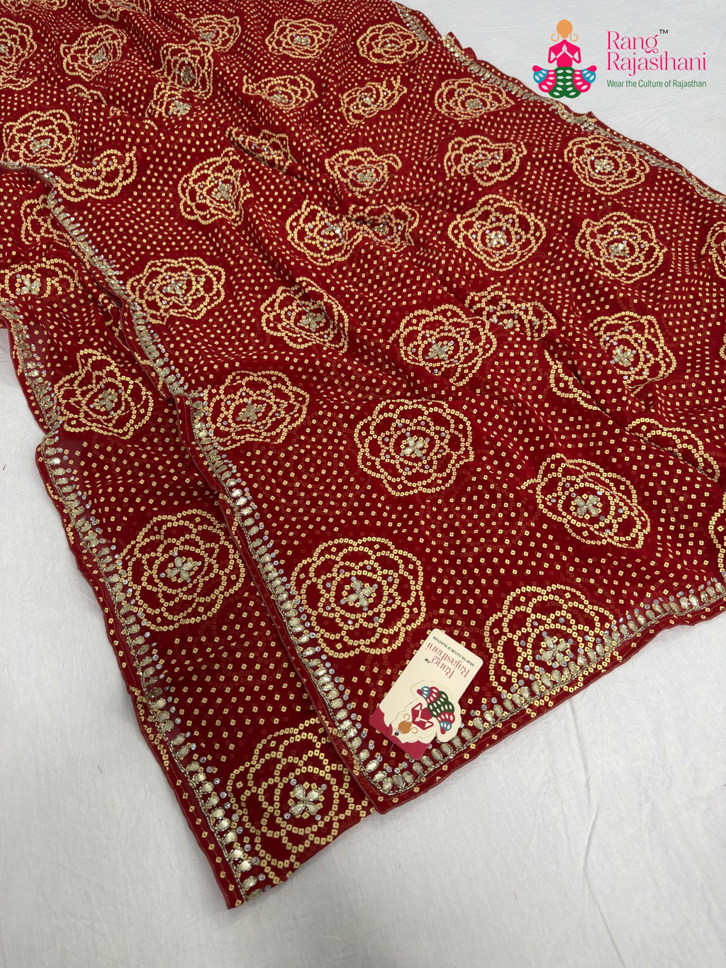 complete look of red synthetic bandhani saree