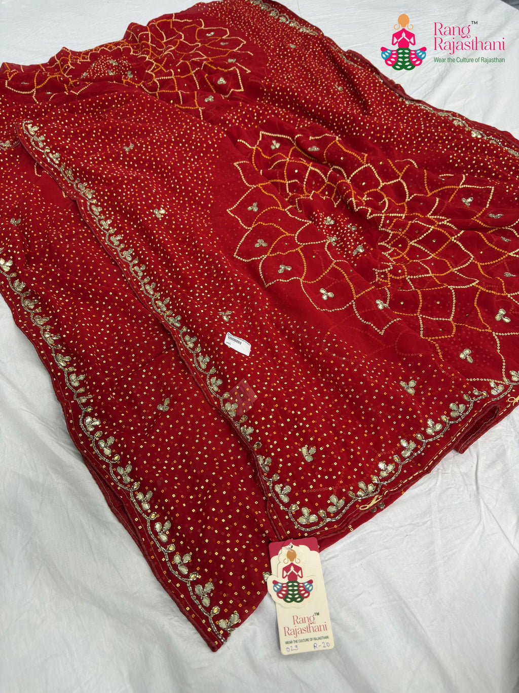 red synthetic bandhani saree for mayra ceremony by Rang Rajasthani