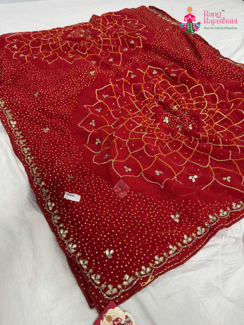 complete look of red synthetic bandhani saree