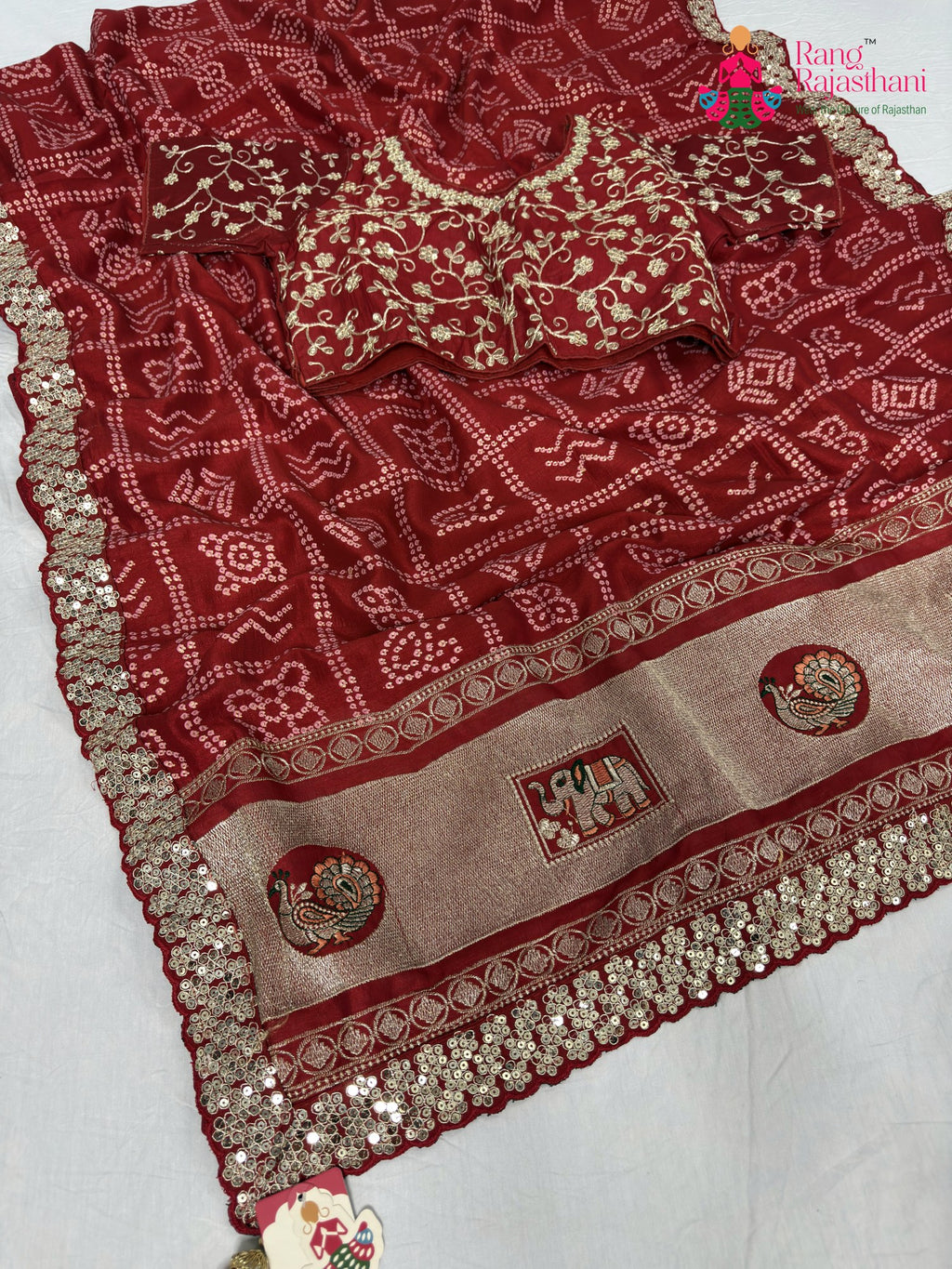 red synthetic zari embroidery saree for mayra ceremony by Rang Rajasthani