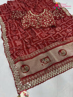 red synthetic zari embroidery saree for mayra ceremony by Rang Rajasthani