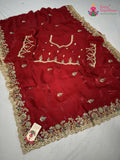 red synthetic zari embroidery saree for wedding reception by Rang Rajasthani