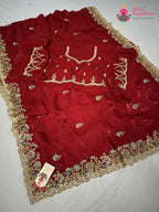 red synthetic zari embroidery saree for wedding reception by Rang Rajasthani