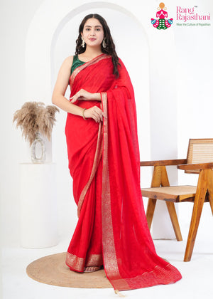 Red Pure Ho Silk Jacquard Weave Plain Saree for Karwa Chauth | Classic Edit