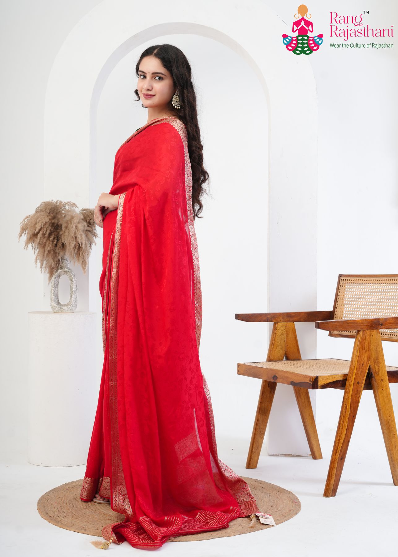 red pure silk saree with zari work for festival side drape view