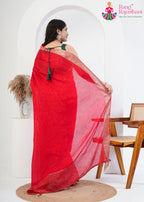 Red Pure Silk saree with Zari Work back view