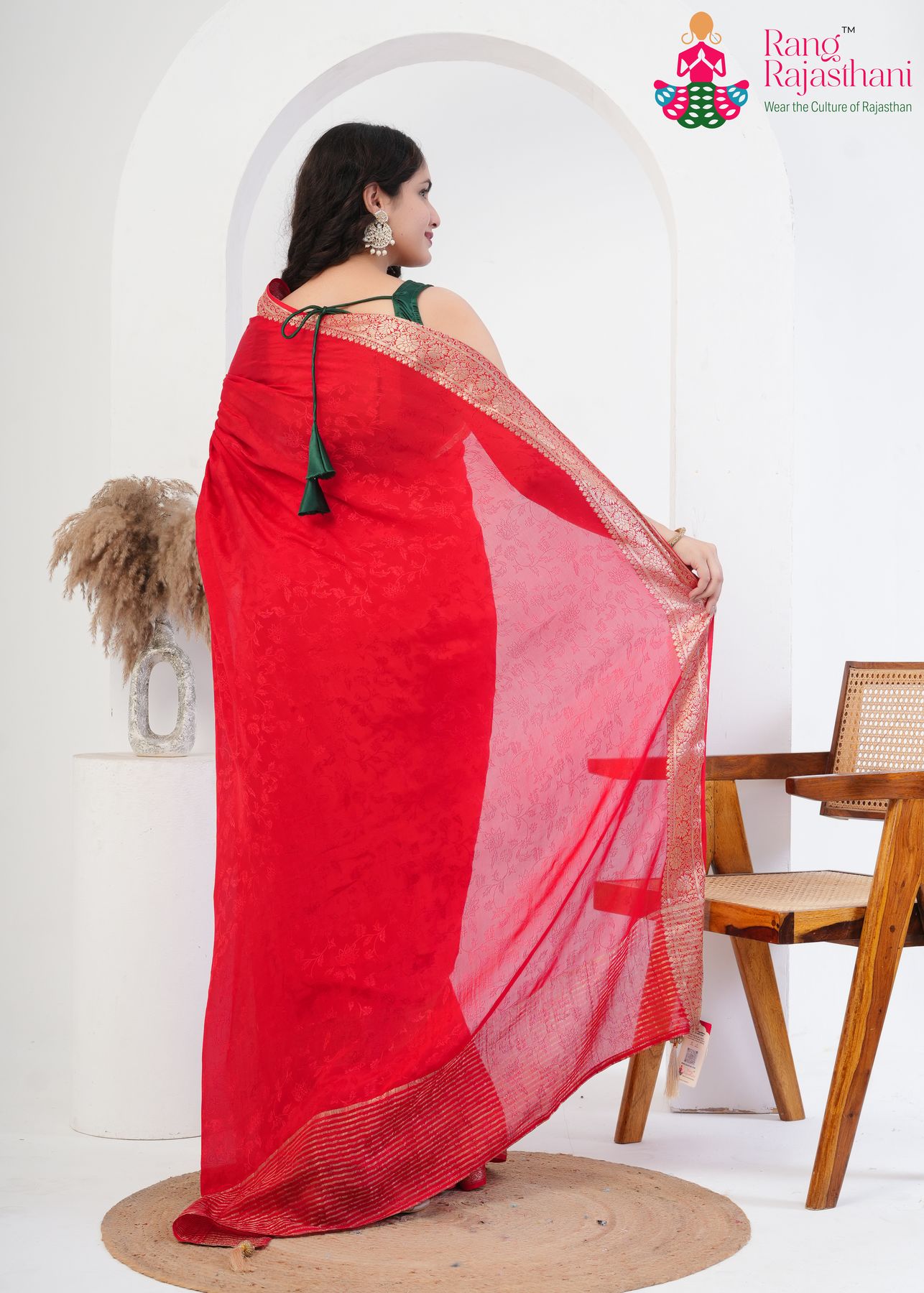 red pure silk saree with zari work for festival special back view