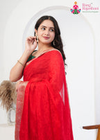 Red Pure Silk saree with Zari Work close up detailing