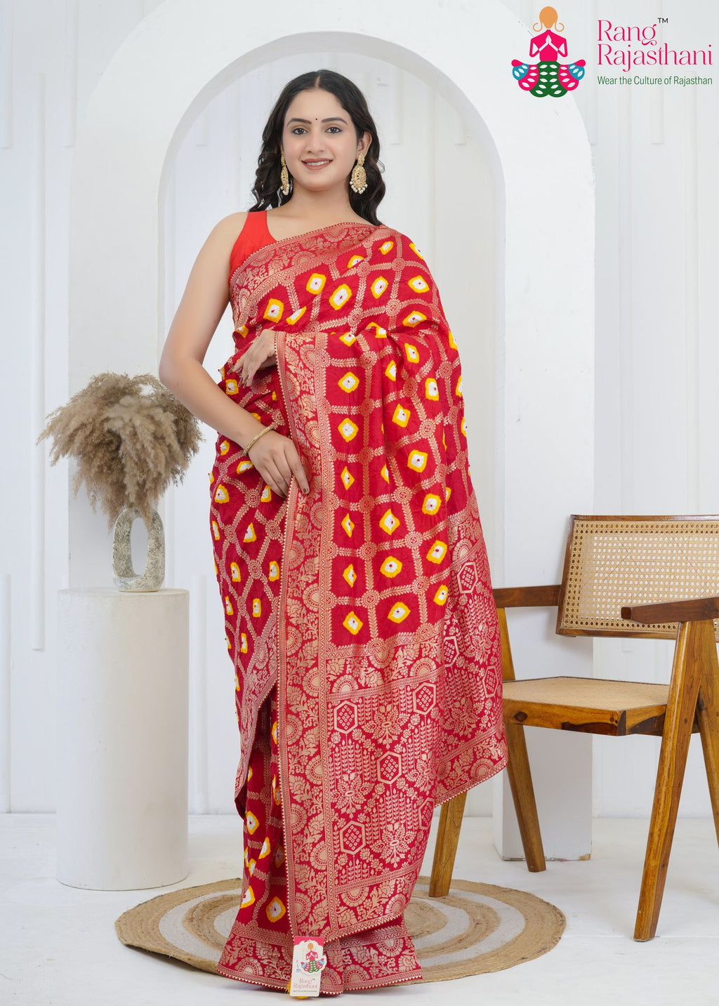 Red Dola Silk Heritage Bandhani Saree : Laddu-Bhandej