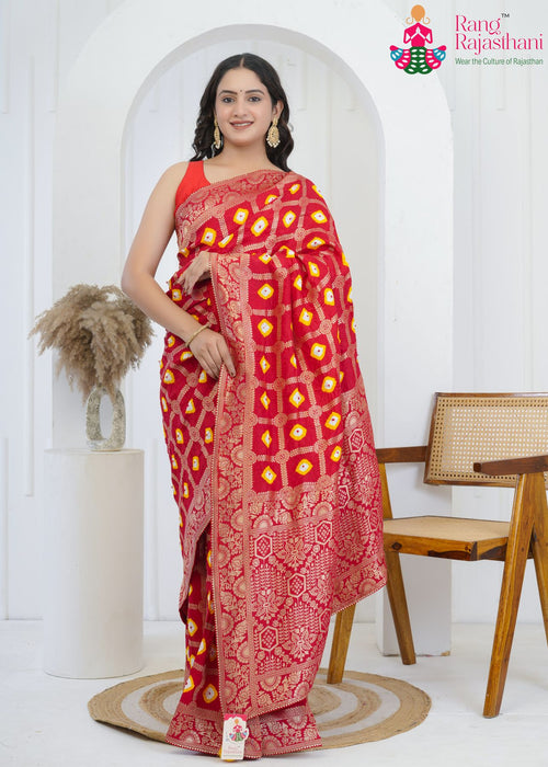Red Dola Silk Heritage Bandhani Saree : Laddu-Bhandej main-image
