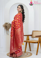 Red Pure Dola Silk saree with Bandhej Banarasi Zari Work side drape view
