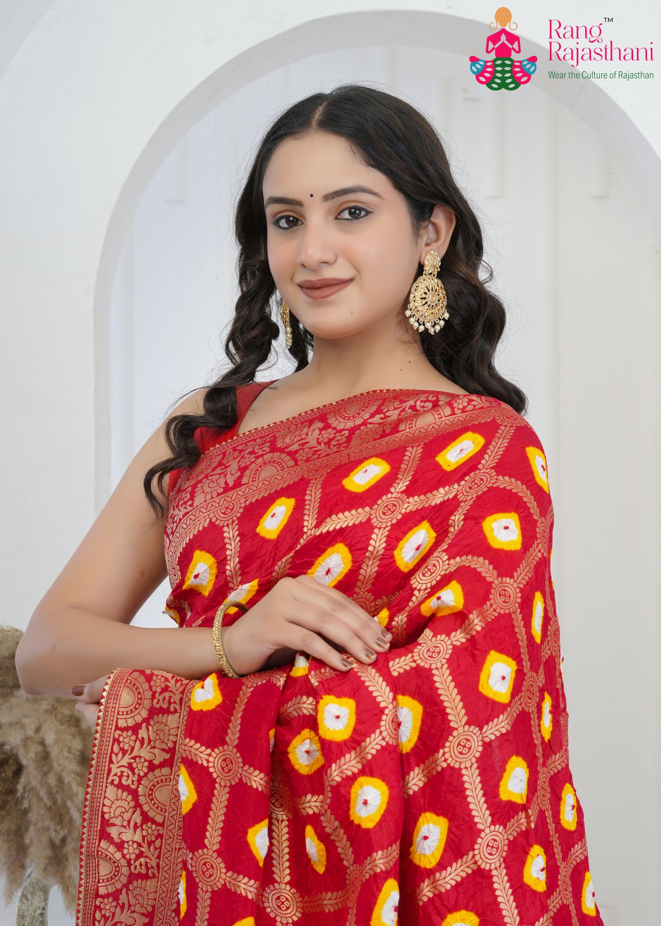 Red Dola Silk Heritage Bandhani Saree : Laddu-Bhandej