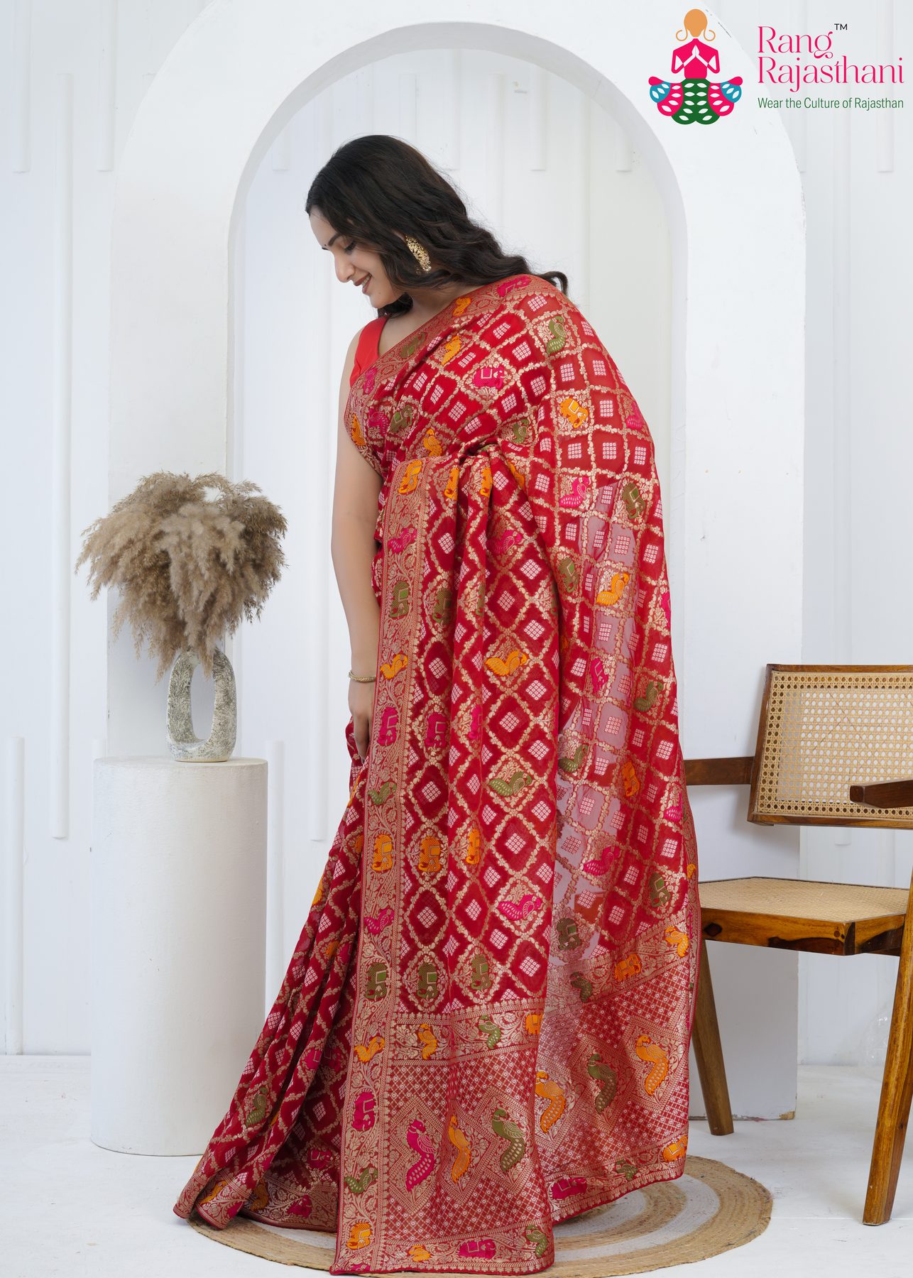 Red Khaddi Georgette Meenakari Saree : Sanskaar Grace